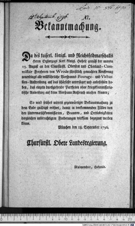 Bekanntmachung. : München den 18. September 1796. Churfürstl. Obere Landesregierung. Rainprechter, Sekretär.