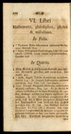 VI. Libri Mathematici, philosophici, physici & miscellanei