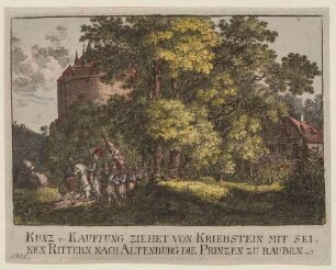 Ritter Kunz von Kauffungen im Wald vor der Burg Kriebstein in Mittelsachsen, beim Auszug nach Altenburg zum Prinzenraub