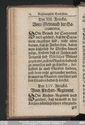 Der XIII. Artickel. Vom Gebrauch der Sacramenten.