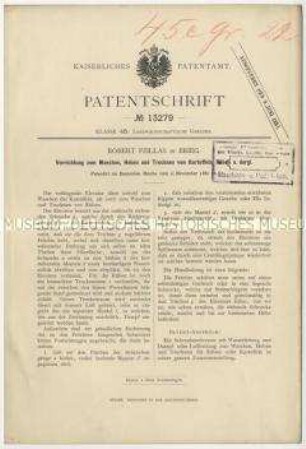 Patentschrift einer Vorrichtung zum Waschen, Heben und Trocknen von Kartoffeln, Rüben u.dgl., Patent-Nr. 13279