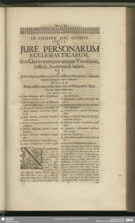 Liber I. De Jure Personarum Ecclesiasticarum, sive Clericorum, eorumque Vocatione, Officis, Reditibus & Salariis