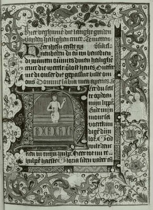 Illumination eines Stundenbuches: Schriftspiegel mit ornamentaler Umrahmung und Initiale mit auferstandenem Christus