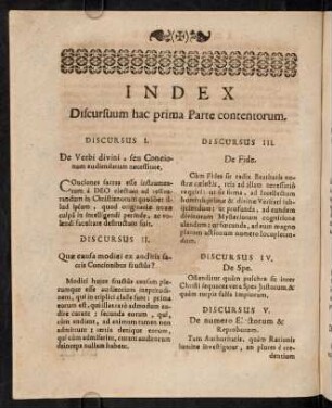 e2v-e4v, Index Discrusuum hac prima Parte contentorum.