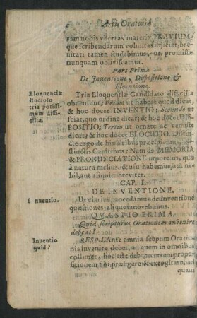 Pars Prima De Inventione, Dispositione & Elocutione.