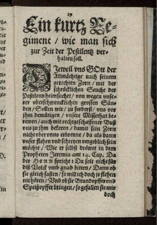 Ein kurtz Regiment/ wie man sich zur Zeit der Pestilentz verhalten soll