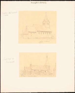 Sunte Oluf Kirche, Breklum und St. Katherinen, Süderstapel: Durchzeichnung? Zwei Blätter: Perspektivische Seitenansichten