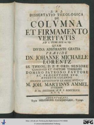 Dissertatio Theologica De Colvmna Et Firmamento Veritatis Ad 1. Tim. III. v. 15