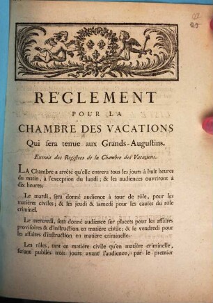 Reglement Pour La Chambre Des Vacations Qui sera tenue aux Grands-Augustins : Extrait des Registres de la Chambre des Vacations