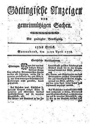 15tes Stück. Sonnabend, den 11ten April 1778.