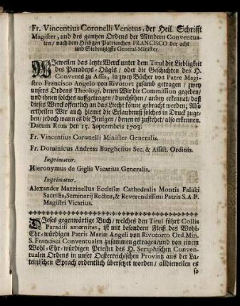 Fr. Vincentius Coronelli Venetus, der Heil. Schrift Magister, [...]