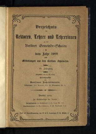 65: Verzeichnis der Rektoren, Lehrer und Lehrerinnen an den Berliner Gemeindeschulen - 65.1909