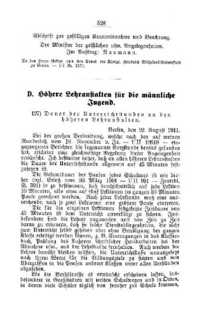 Dauer der Unterrichtsstunden an den höheren Lehranstalten : [D. Höhere Lehranstalten für die männliche Jugend]