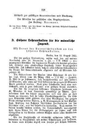 Dauer der Unterrichtsstunden an den höheren Lehranstalten : [D. Höhere Lehranstalten für die männliche Jugend]