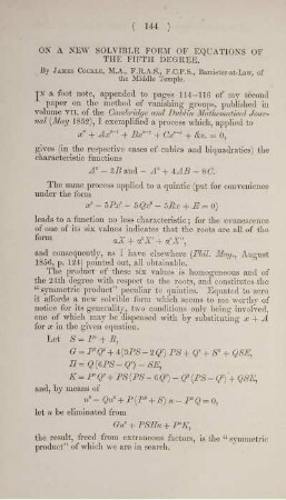 On a new solvible form of equations of the fifth degree.