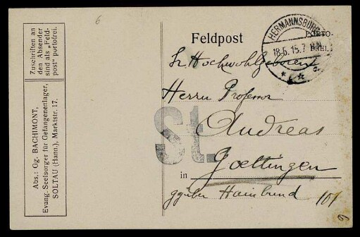 Nr. 2: Postkarte von Georg Bachimont an Friedrich Carl Andreas, Hermannsburg, 18.5.1915