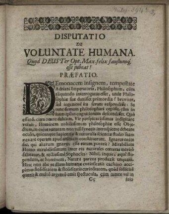 Disputatio De Voluntate Humana.
