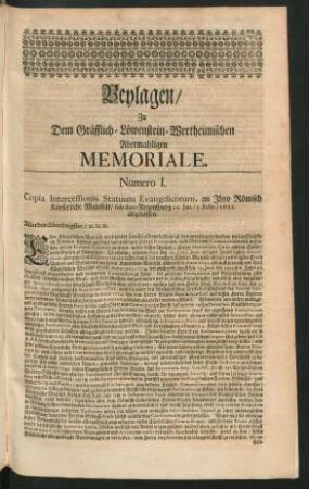 Beylagen, Zu Dem Gräfflich-Löwenstein-Wertheimischen Abermahligen Memoriale. Numero I.
