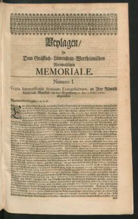 Beylagen, Zu Dem Gräfflich-Löwenstein-Wertheimischen Abermahligen Memoriale. Numero I.
