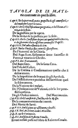 Tavola De Le Materie contenute in questo libro.