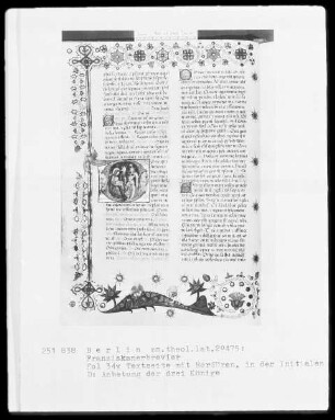 Franziskanisches Brevier — Initiale D, darin Anbetung der drei Könige, Folio 34verso