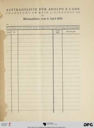Auftragsliste für Adolph E. Cahn