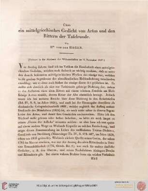 Über ein mittelgriechisches Gedicht von Artus und den Rittern der Tafelrunde (aus: Abhandlungen der Berliner Akademie. Philos.-histor. Kl., 1850, S. 243 - 260)