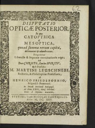 2: In qua Catoptrica & Mesoptica, quoad summa rerum capita, delineantur & adumbrantur