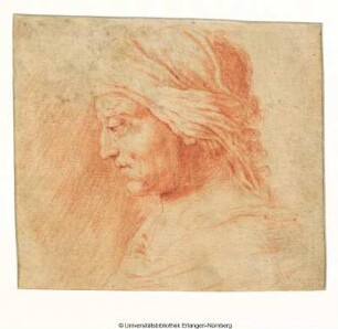 Kopf einer älteren Frau mit Kopftuch, im Profil nach links