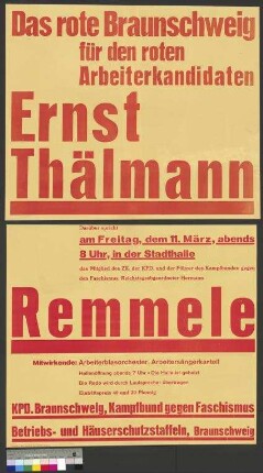 Plakat der KPD zu einer Wahlkundgebung am 11. März                                         1932 in Braunschweig zur Unterstützung des Kandidaten Ernst                                         Thälmann bei der Reichspräsidentenwahl am 13. März                                         1932