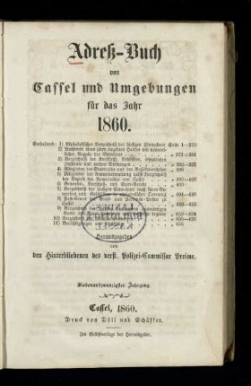 Jg. 27.1860: Adreß-Buch von Cassel und Umgebungen : für das Jahr 1860