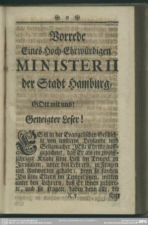 Vorrede Eines Hoch-Ehrwürdigen Ministrerii der Stadt Hamburg