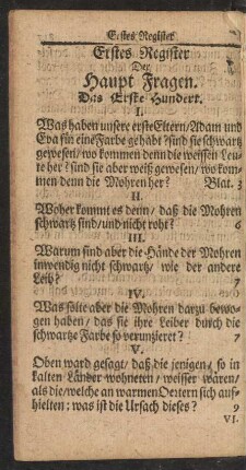 Erstes Register Der Haupt Fragen.