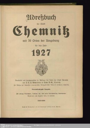 69.1927: Adreßbuch der Stadt Chemnitz : mit ... Orten der Umgebung