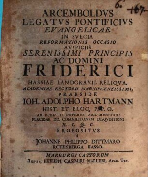 Arcemboldvs Legatvs Pontificivs Evangelicae In Svecia Reformationis Occasio