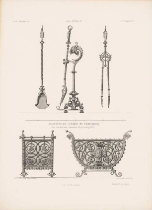 Ofengeschirr und Kokskorb aus Schmiedeeisen: Ansichten (aus: Architektonisches Skizzenbuch, H. 159/6, 1879)