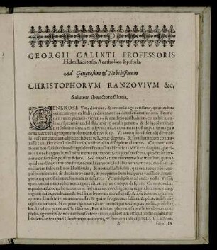 Georgii Calixti Professoris Helmstadiensis, Acatholica Epistola. Ad Generosum & Nobilissimum Christophorum Ranzovium &c.