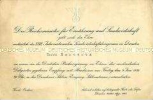 Einladung zu einem Empfang anlässlich des XVIII. Internationalen Landwirtschaftskongresses in Dresden