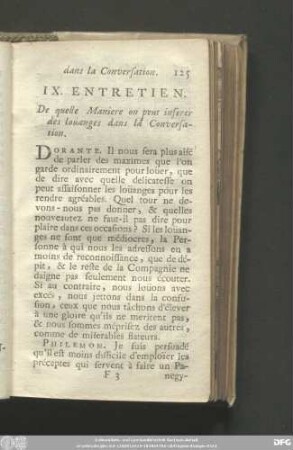 IX. Entretien. De quelle Maniere on peut inserer de loüanges dans la Conversation.