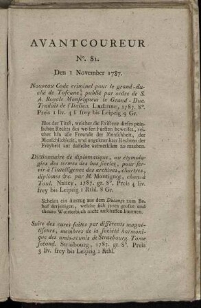 No. 81. Den 1. November 1787. - No. 85. Den 16. November 1787.