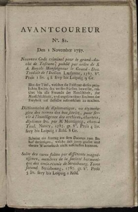 No. 81. Den 1. November 1787. - No. 85. Den 16. November 1787.