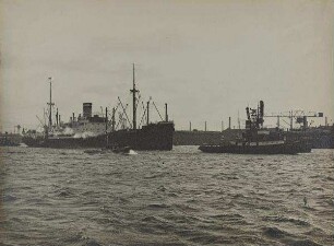 Auslaufender Dampfer mit Schlepper und Begleitboot