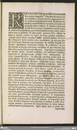 Rudolfus Dei gratiâ Romanorum Rex semper Augustus. Omnibus Romani Imperii fidelibus, ad quos presens pagina pervenerit ...