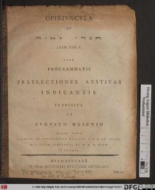 Opinivncvla De "heblēj še'ōl", 2. Sam. XXII,6. Loco Programmatis Praelectiones Aestivas Indicantis