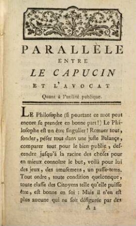 Parallèle entre le capucin & l'avocat, quant à l'utilité publique