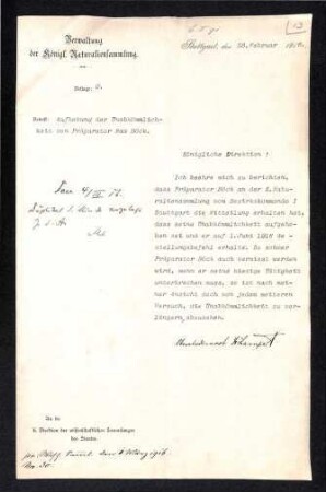 Aufhebung der Unabkömmlichkeit von Präparator Max Böck