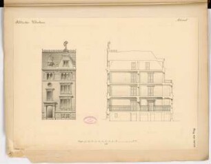 Städtisches Wohnhaus, Berlin Monatskonkurrenz März 1888: Aufriss Straßenansicht, Längsschnitt; Maßstabsleiste