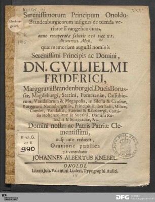 Serenissimorum Principum Onoldo-Brandenburgicorum insignes de tuenda veritate Evangelica curas