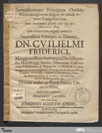 Serenissimorum Principum Onoldo-Brandenburgicorum insignes de tuenda veritate Evangelica curas