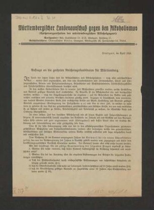 Anfrage an die geehrten Reichstagskandidaten für Württemberg [vom Württembergischen Landesausschuß gegen den Alkoholismus (Spitzenorganisation der württembergischen Alkoholgegner)], Württembergischen Landesausschuß gegen den Alkoholismus, Stuttgart, 1924, 1 Bl.